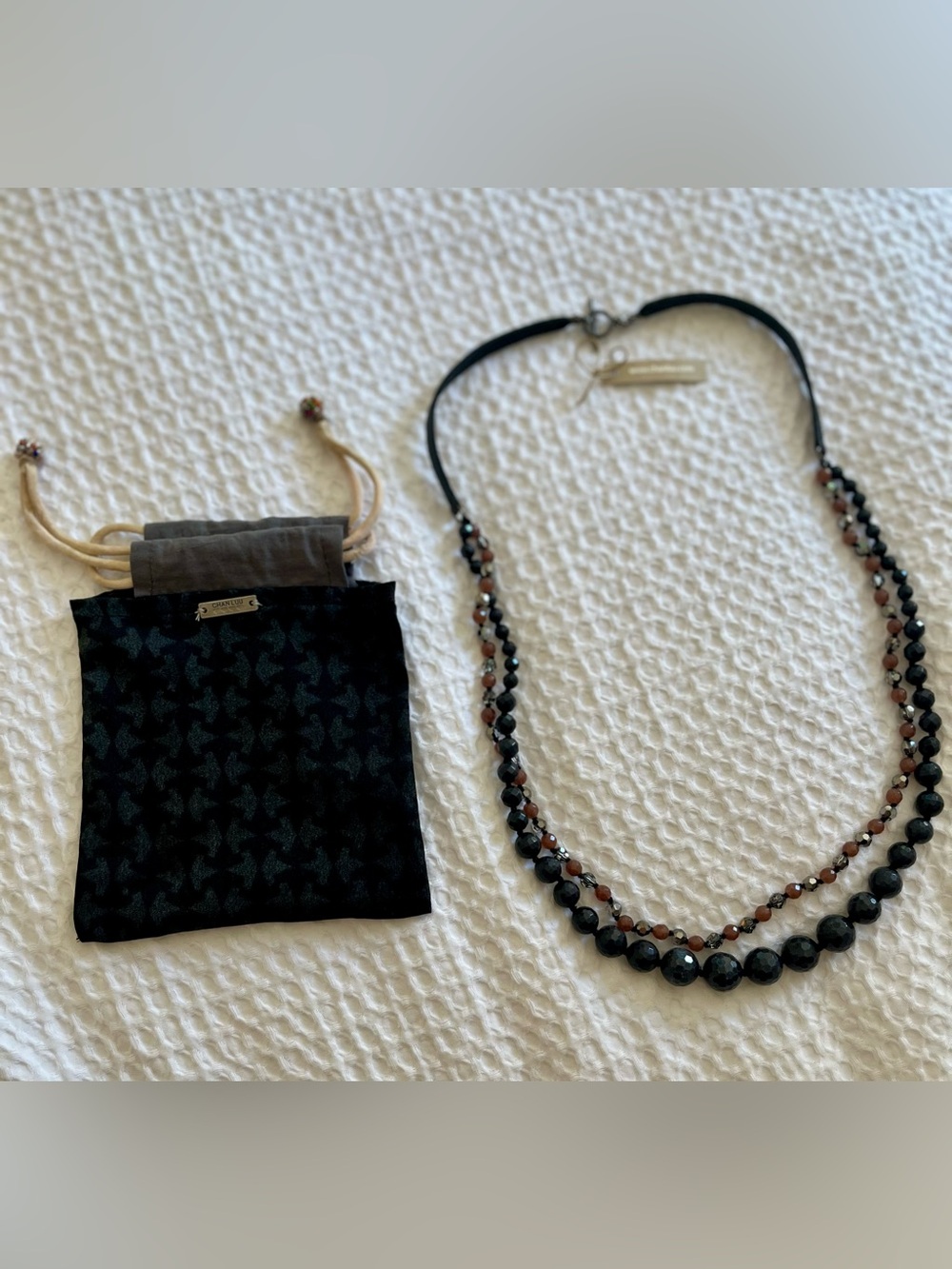 Chan Luu Double Strand Black Mixed Gemstone Leather Necklace + Pouch